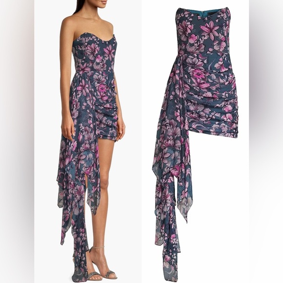 NEW Katie May Chasing Dawn Draped Floral Satin Strapless Minidress sz L - Picture 2 of 7